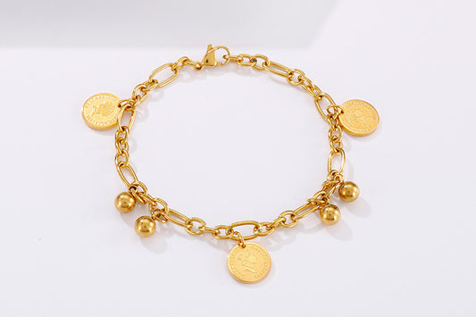 Fashion Stitching Retro Ethnic Round Card Portrait Stainless Steel Gold-color Bead Bracelet