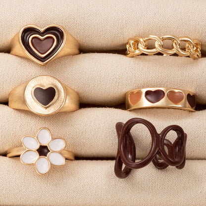 European And American Jewelry Brown Heart Drop Oil Ring Six-piece Geometric Flower Ring Set