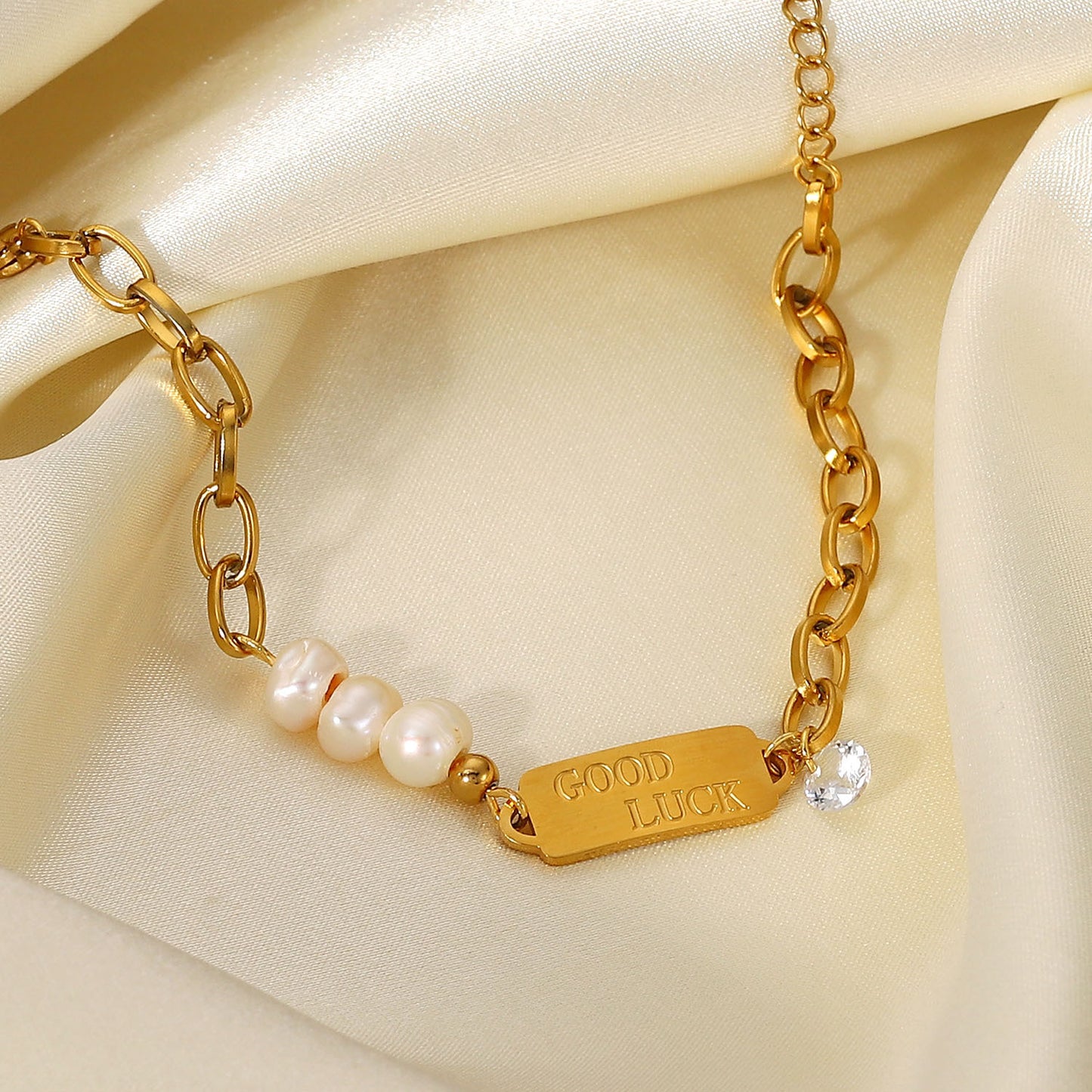 Simple Chain Pearl Stitching Stainless Steel Good Luck Pearl Bracelet