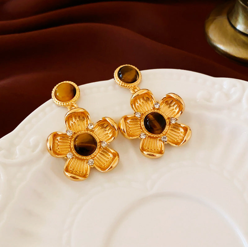 1 Pair IG Style Elegant Flower Plating Tiger Eye Drop Earrings