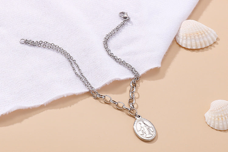 European And American Retro Queen Avatar O-chain Double-layer Bracelet Stainless Steel Necklace Set