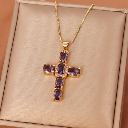 Casual Streetwear Cross Copper Inlay Zircon Pendant Necklace