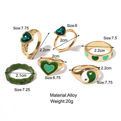 Inlaid Rhinestone Heart Ring Wholesale Tai Chi Love Drop Oil Ring Set Of 6