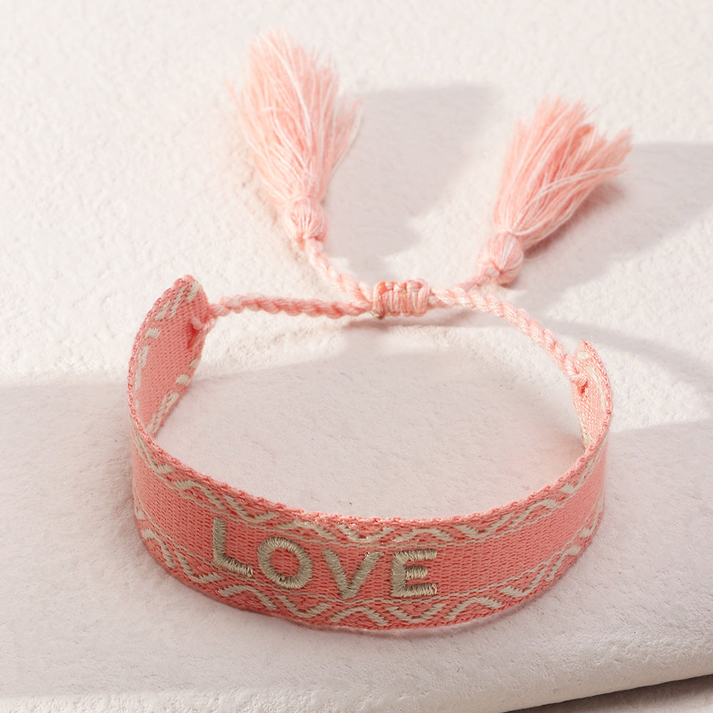 Ethnic Trend Hand-woven Retro Embroidery Love Letter Tassel Hand Rope Bracelet