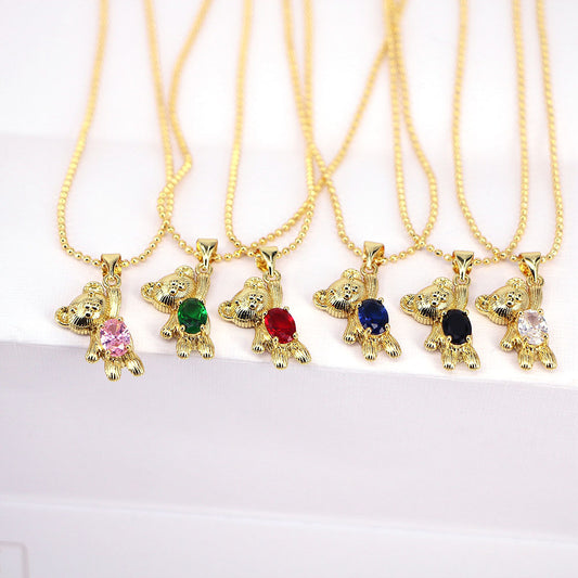 Fashion Simple Cute Copper Zircon Bear Colorful Gold-plated Clavicle Chain Wholesale