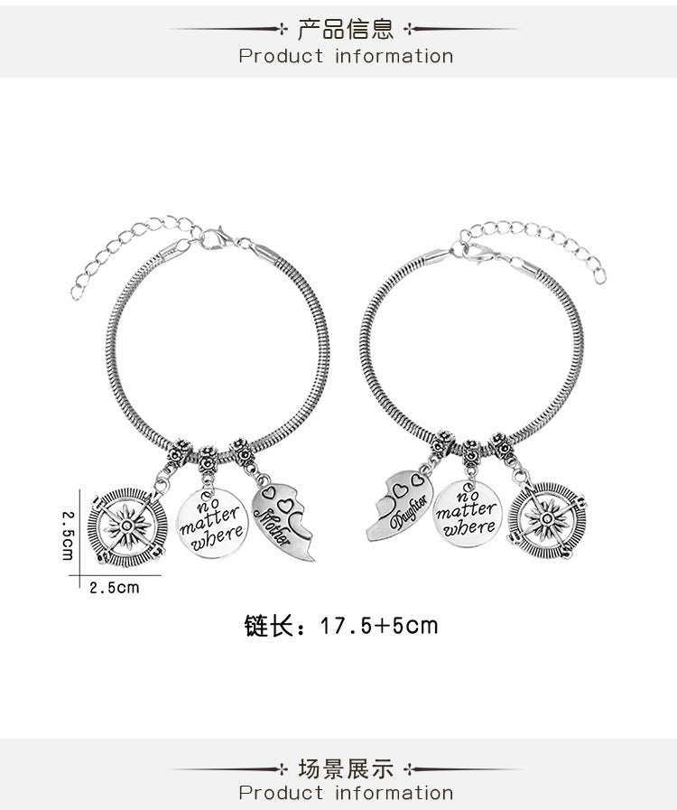 Mother's Day Gift Alloy Bracelet Ladies Heart Stitching Compass Alphabet Drop Oil Pendant Bracelet