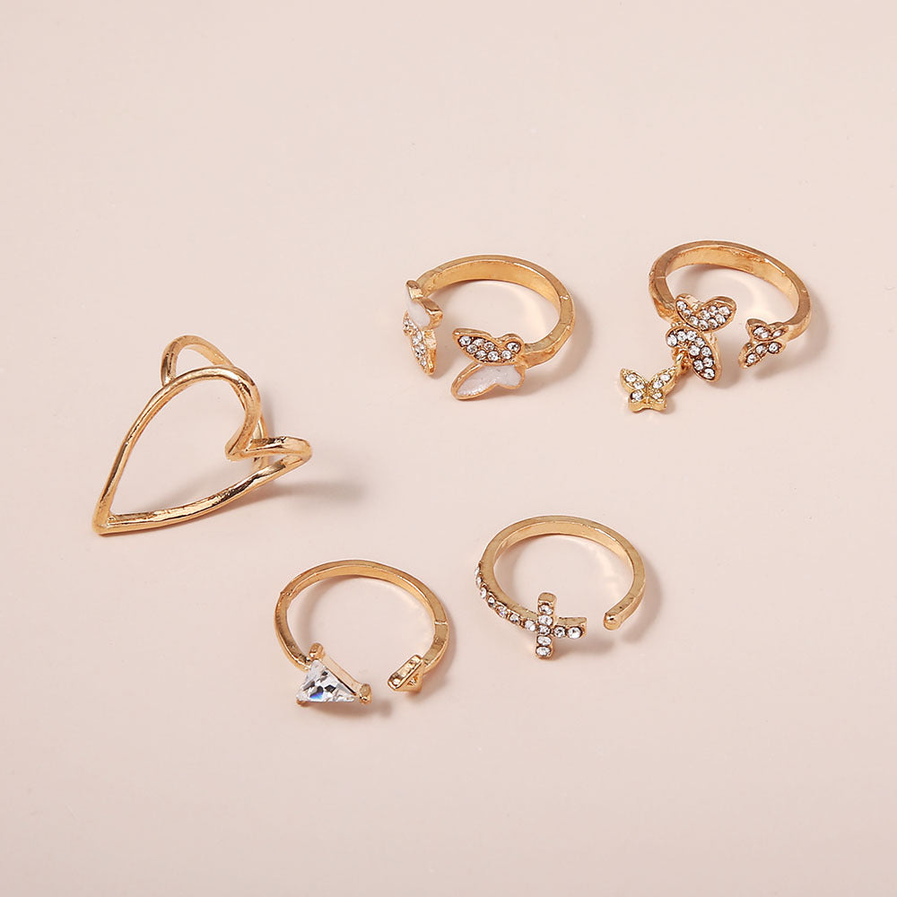 New Style Fashion Cross Triangle Love Heart Hollow Full Diamond Dripping Butterfly Ring 5-piece Set