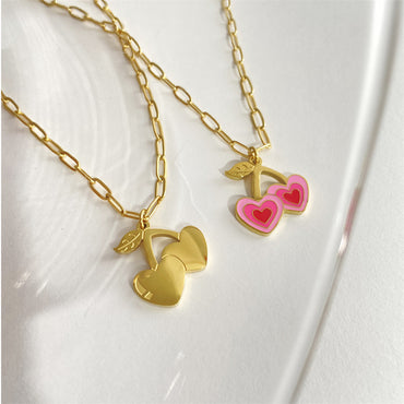 Cute Cherry Heart Shape Titanium Steel Enamel Plating 18k Gold Plated Pendant Necklace