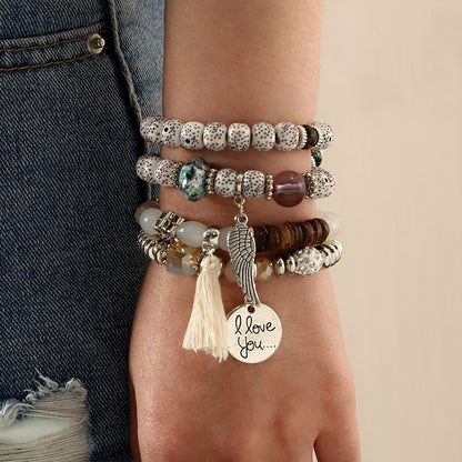 Fashion Gray Crack Stone Beads Mixed Color Round Tassel Bracelet