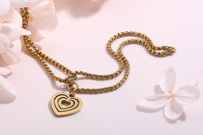 Retro Golden Double-layer Pearl Chain Popular Stainless Steel Multi-layer Heart-shaped Hollow Pendant Bracelet