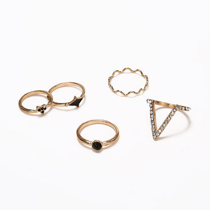 Cross-border New Ring 5-piece Set Fashion V-shaped Diamond Ring Ring Personalized Black Gem Ring