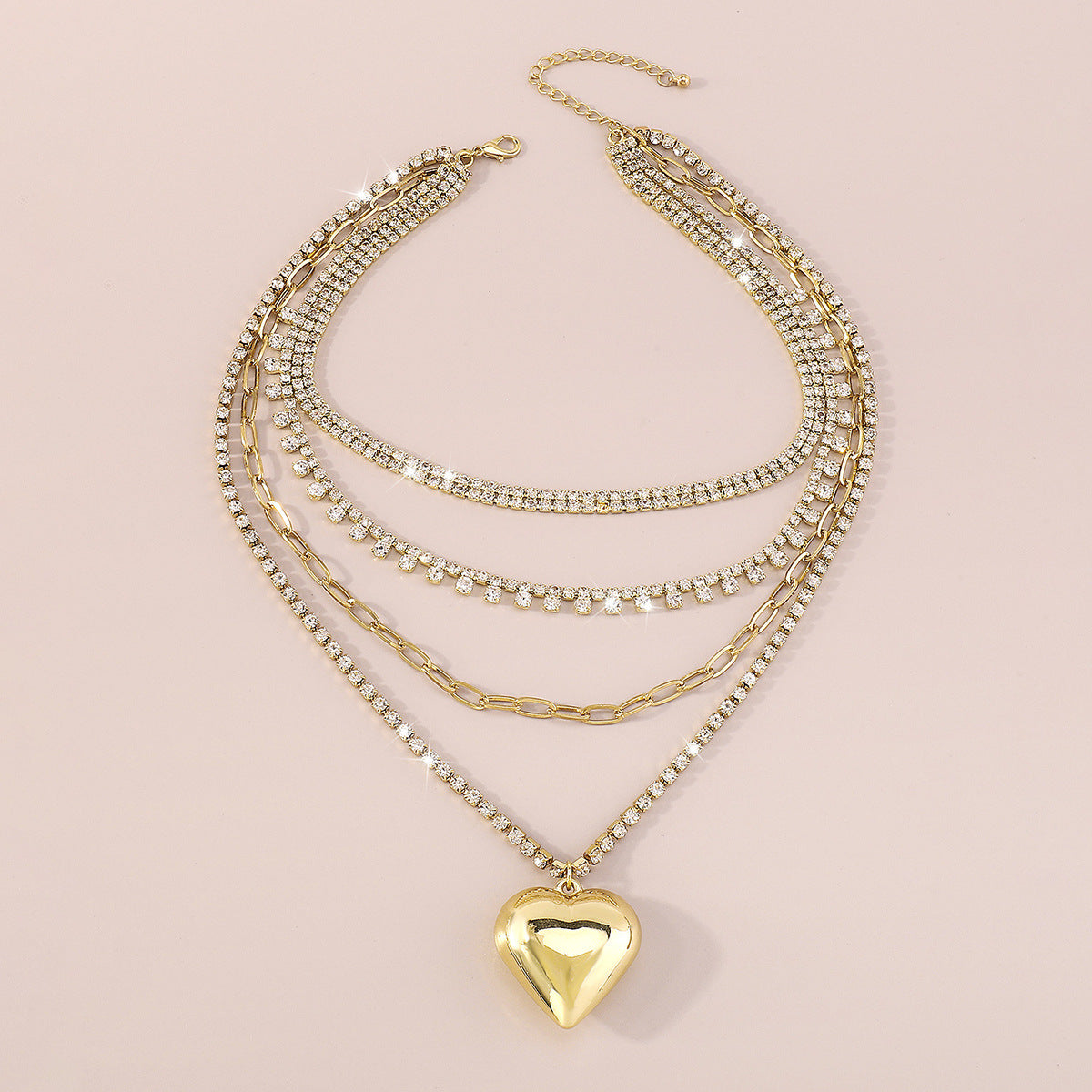 Fashion Golden Silvery Pendant Heart Shape Multi-layer Rhinestone Alloy Necklace