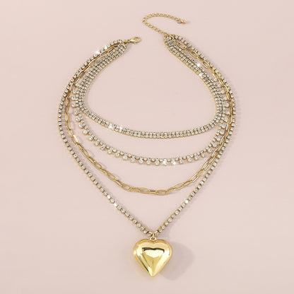 Fashion Golden Silvery Pendant Heart Shape Multi-layer Rhinestone Alloy Necklace