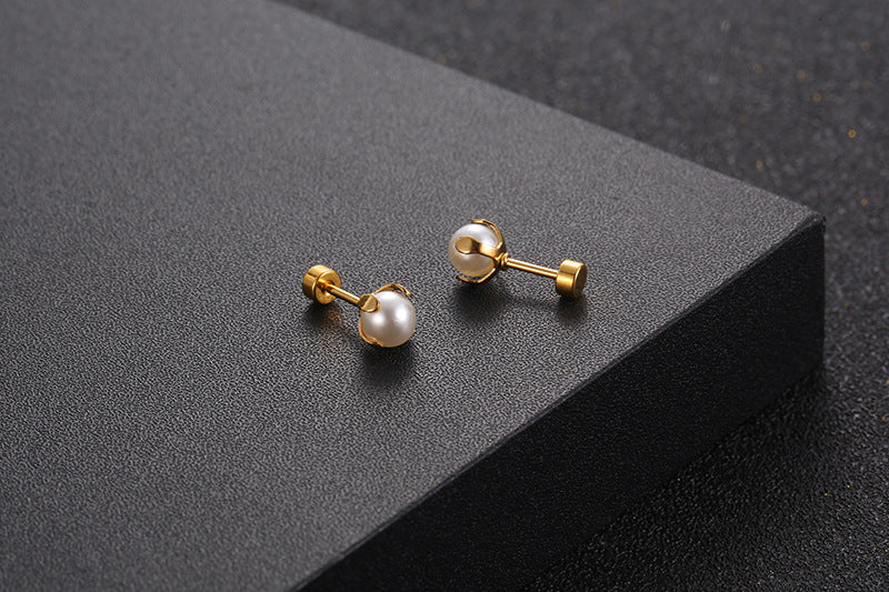 Fashion Titanium Steel Inlaid Pearl Stud Earrings Single Wholesale