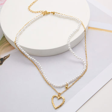 Fashion Heart Shape Alloy Plating Artificial Pearls Layered Necklaces