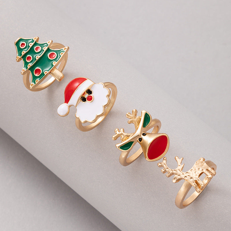 European And American Cross-border New Christmas Oil Drop Ring Four-piece Set Of Elk Geometric Ring Set