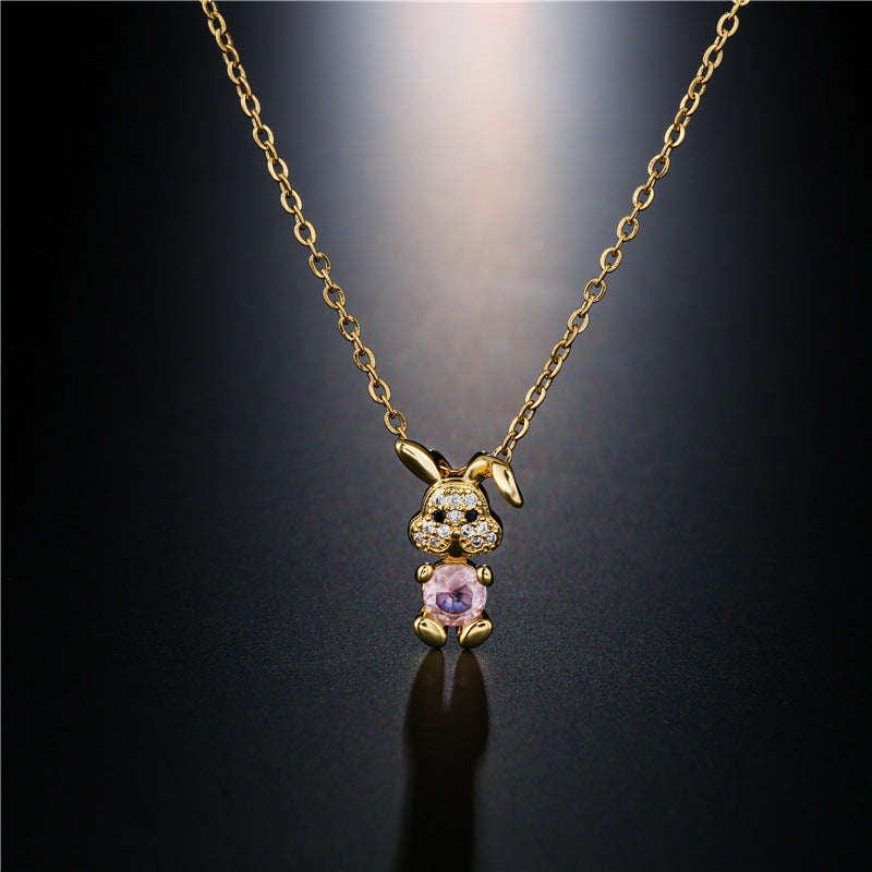 Retro Copper-plated Real Gold Micro-inlaid Zircon Cartoon Rabbit Pendant Necklace