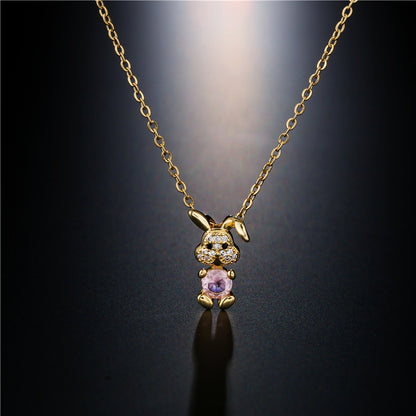 Retro Copper-plated Real Gold Micro-inlaid Zircon Cartoon Rabbit Pendant Necklace