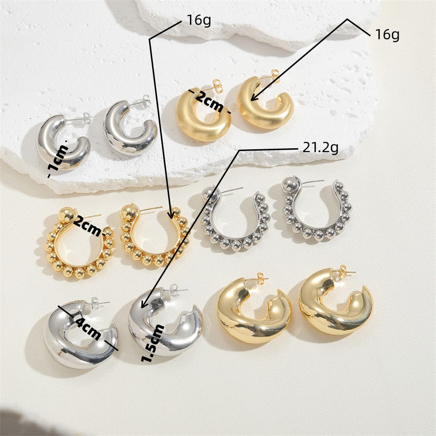 Cross-border hot new C-shaped brass earrings women's independent station exaggerated big earrings cold wind 925 white fungus needle earrings