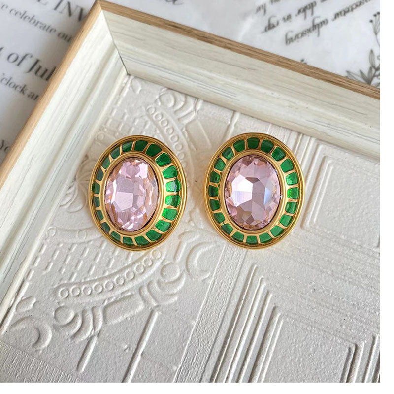 Retro Oval Copper Enamel Plating Inlay Zircon Ear Clips Ear Studs 1 Pair