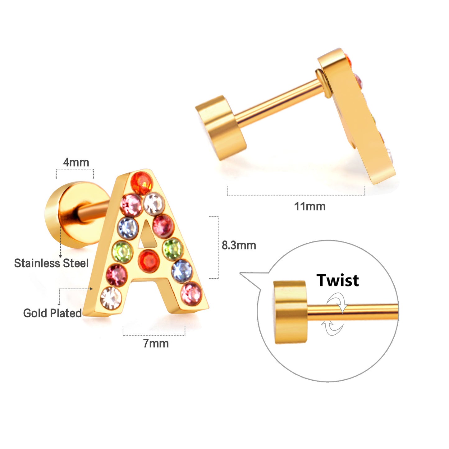 Fashion Letter Stainless Steel Inlay Zircon Ear Studs 1 Pair