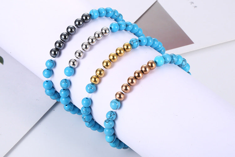 Wholesale 6mm Natural Stone Stainless Steel Round Bead Bracelet