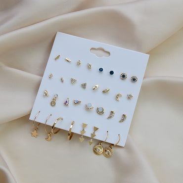 Simple Geometric Alloy Small Earrings Set 16 Pairs One Card