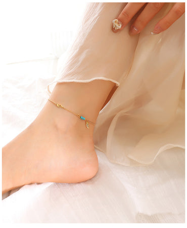 Turquoise Beads Leaf Pendant Anklet Titanium Steel 18k Beach Feet Jewelry