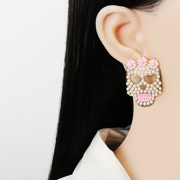 New Retro Pink Skull Earrings Inlaid Pearl Earrings