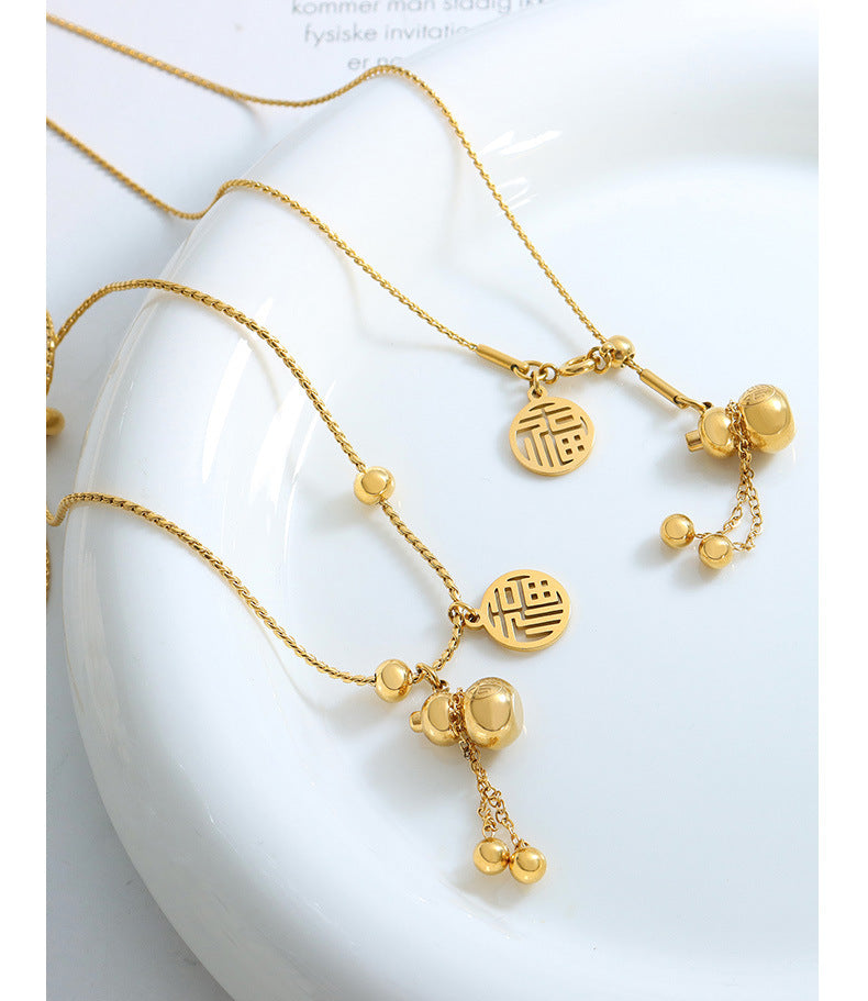 Wholesale Chinoiserie Round Gourd Titanium Steel Plating Hollow Out 18k Gold Plated Bracelets Necklace