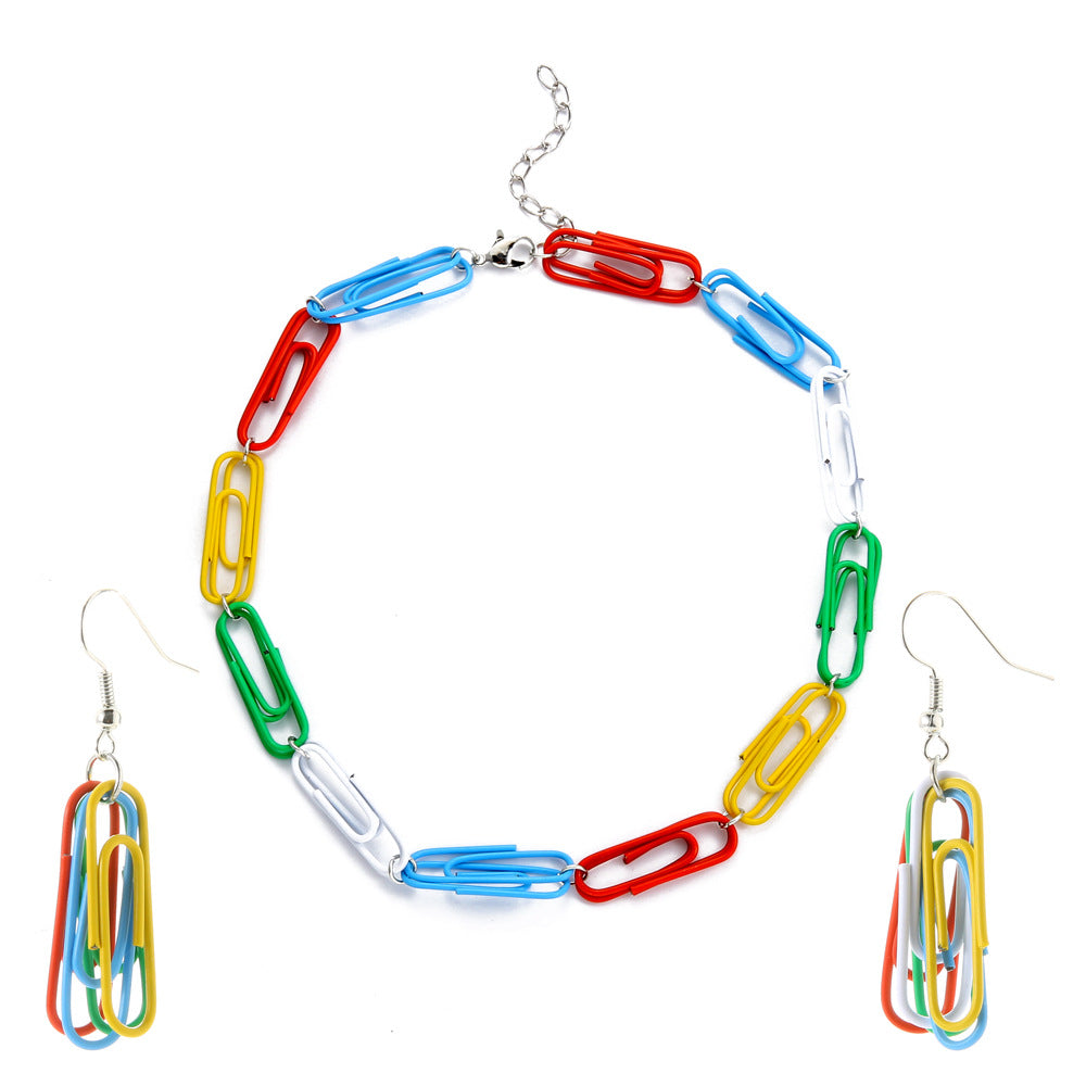 Paint Color Paper Clip Earrings Chain Necklace Set Wholesale Jewelry Gooddiy