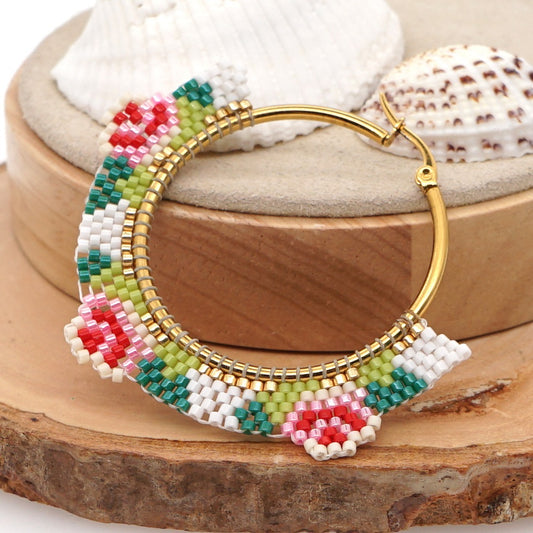 Ethnic Style Miyuki Rice Beads Hand-woven Fashion Rose Flower Hoop Earrings