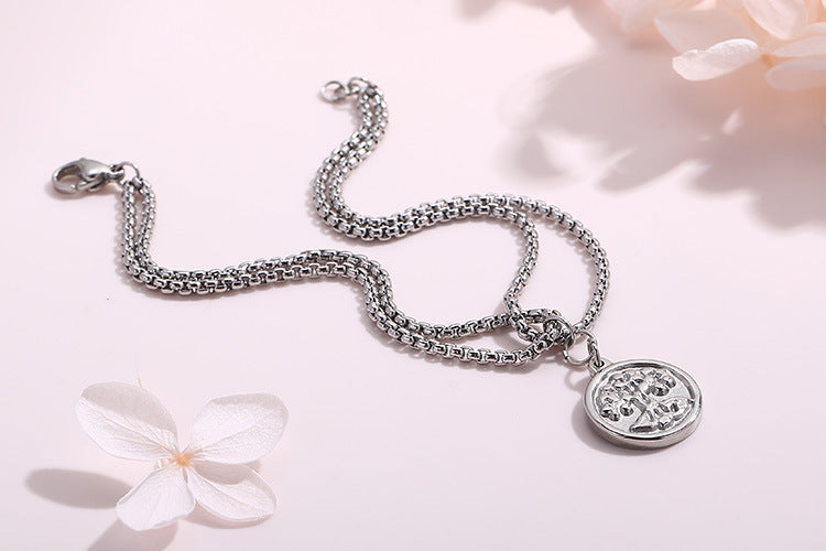 Fashion Exquisite Metal Double-layer Pearl Chain Round Tree Pendant Stainless Steel Bracelet Wholesale