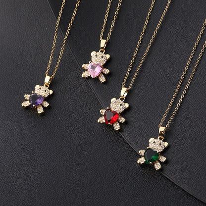 Cartoon Style Little Bear Copper Inlay Zircon Pendant Necklace