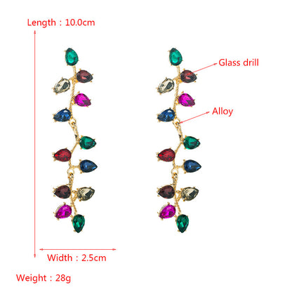 Fashion Color Diamond Alloy Diamond Drop-shaped Glass Diamond Long Leaf Flower Fashion Earrings Wholesale