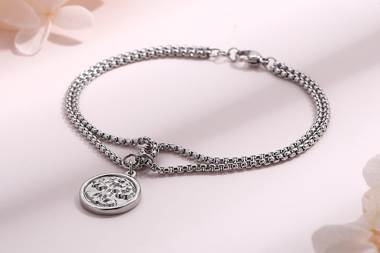 Fashion Exquisite Metal Double-layer Pearl Chain Round Tree Pendant Stainless Steel Bracelet Wholesale