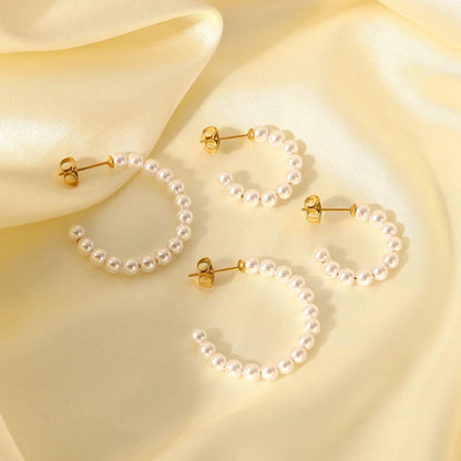 Fashion 18k Gold Stainless Steel C-shaped Pearl Hoop Earrings