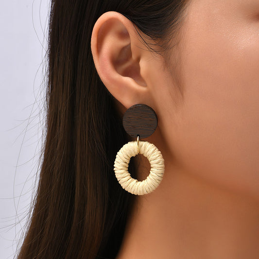 Creative Geometric Wood Round Rattan Female Handmade Metal Earrings Jewelry