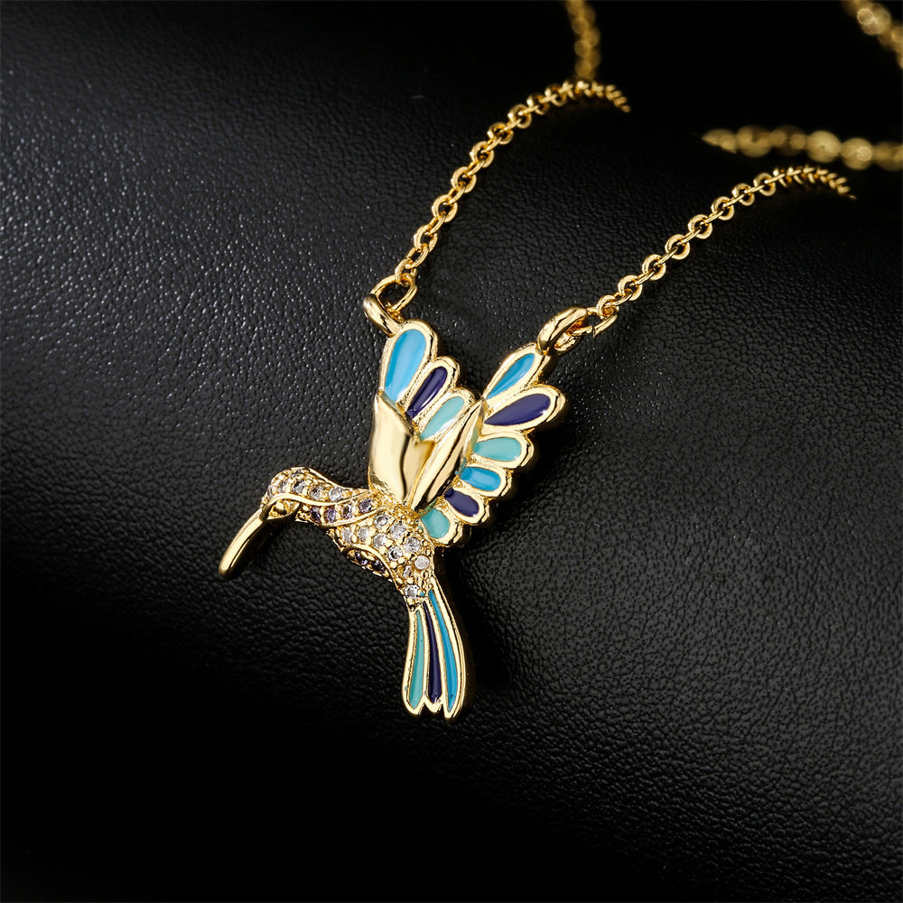 European And American New Drop Oil Bird Pendant Copper Plated Real Gold Necklace