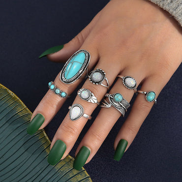 Retro Inlaid Turquoise Carved Feather Alloy Ring 8-piece Set