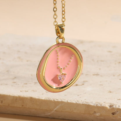 Bohemian Pink Love Rose Zircon Dripping Oil Necklace Fashion OL Light Luxury Copper Plated 14K Real Gold Jewelry