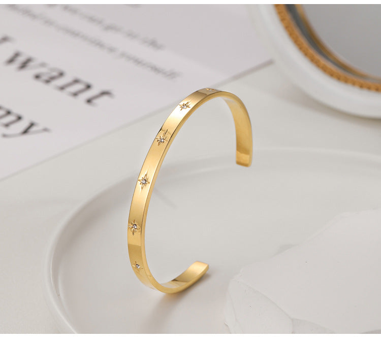 Simple Style Geometric Solid Color Titanium Steel Inlay Artificial Gemstones Bangle 1 Piece