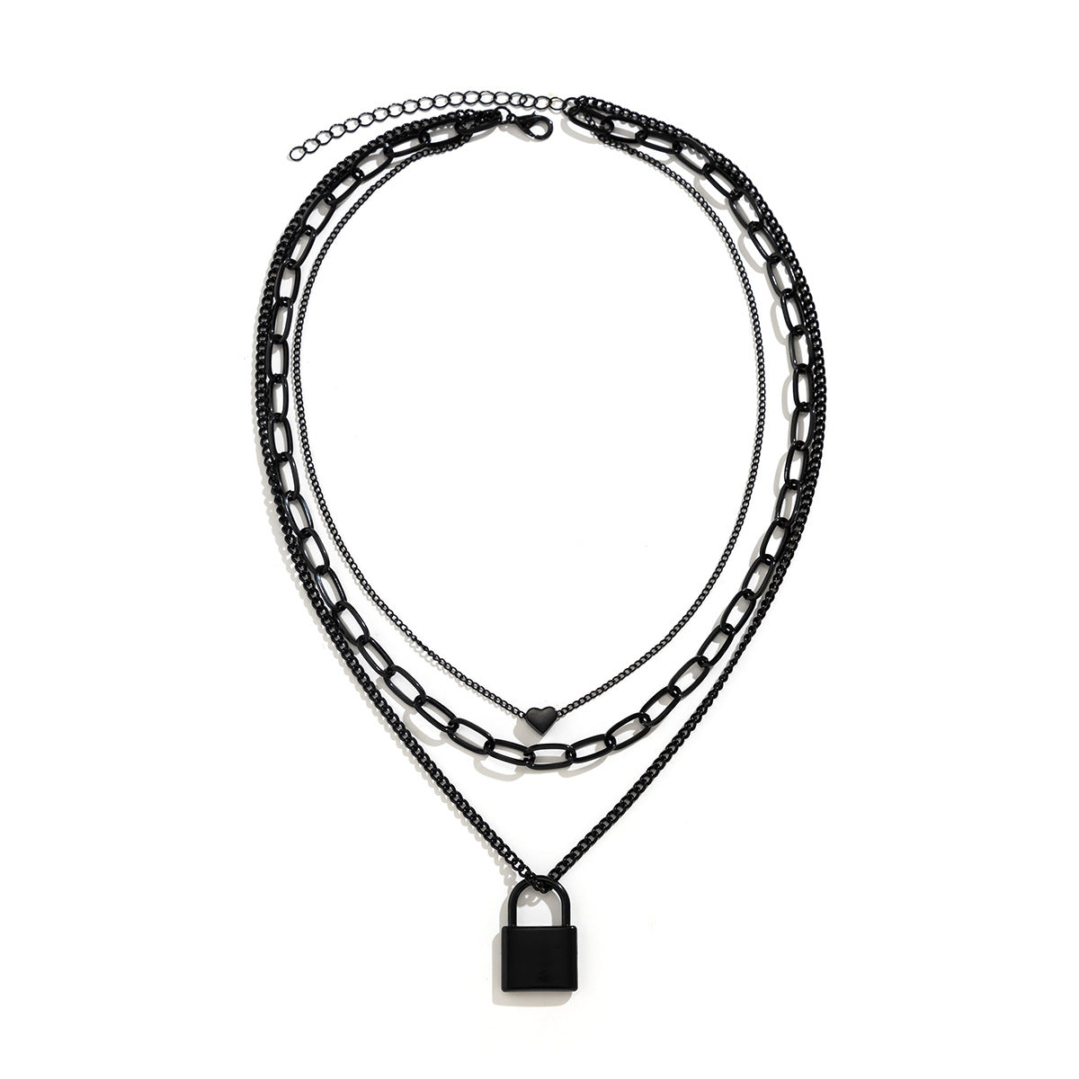Fashion Punk Black Cross Chain Geometric Heart Lock Shaped Alloy Necklace