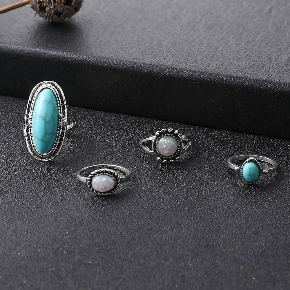 Exaggerated Ethnic Style Cool Style Leaf Round Snake Alloy Plating Inlay Turquoise Women's Rings