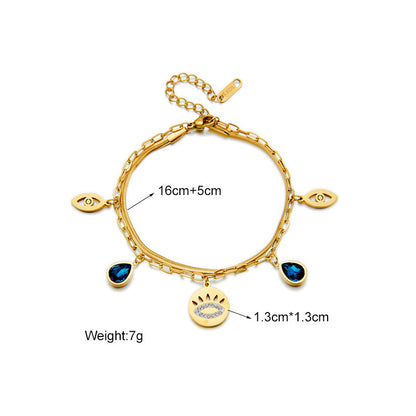 Europe And America Cross Border Fashion Simple Metal Titanium Steel Vintage Blue Diamond Water Drop Hollow Eyes Double Layer Chain Bracelet