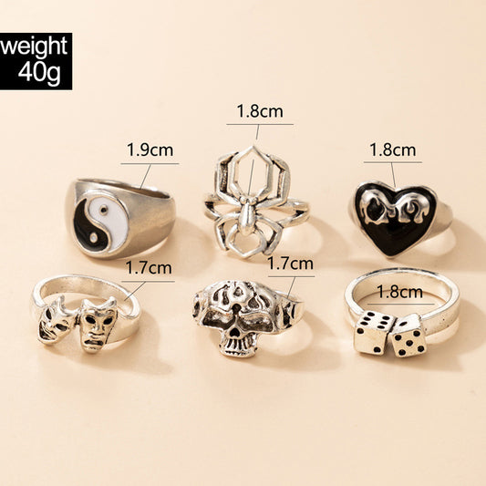 European And American Fashion Jewelry Black And White Dripping Oil Tai Chi Love Spider Skull Headgear Personality 6-piece Ring