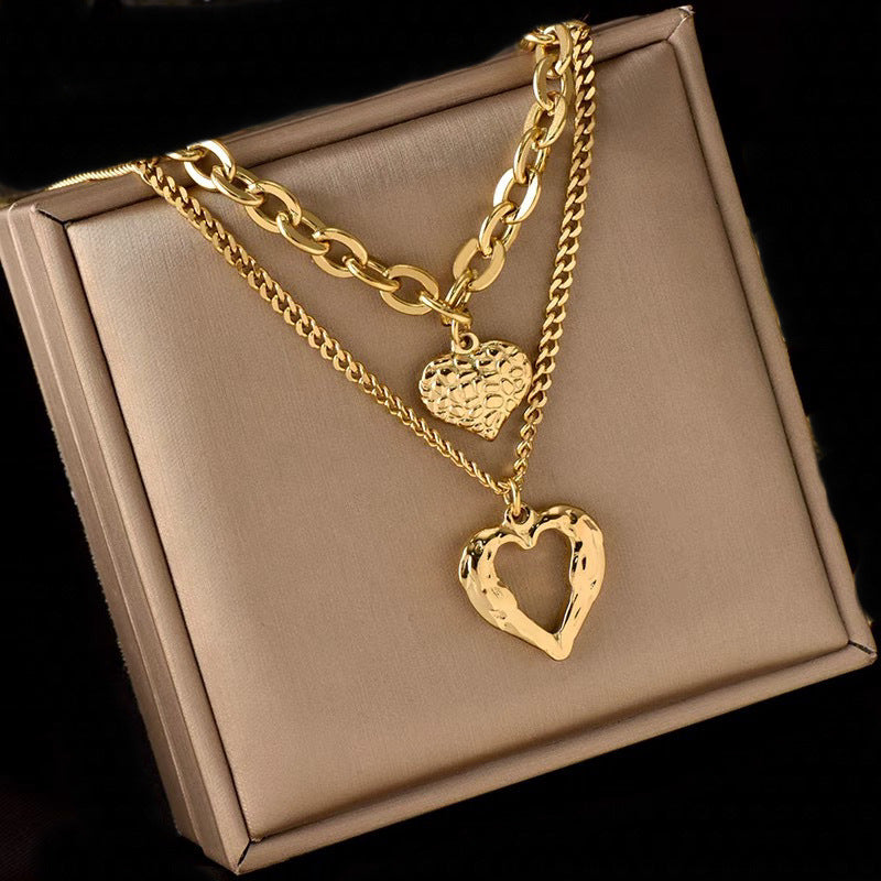 Fashion Simple Muilt-layer Titanium Steel Hollow Heart-shaped Pendant Necklace