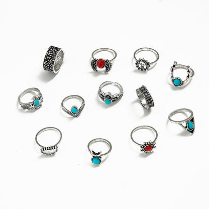 Wholesale Jewelry Red Crescent Wings Turquoise Ring 12-piece Set Gooddiy