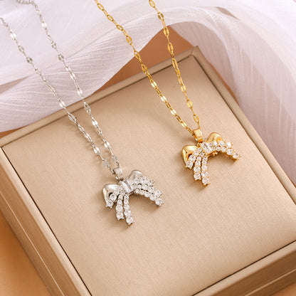 304 Stainless Steel Copper Sweet Shiny Plating Hollow Out Inlay Bow Knot Zircon Pendant Necklace