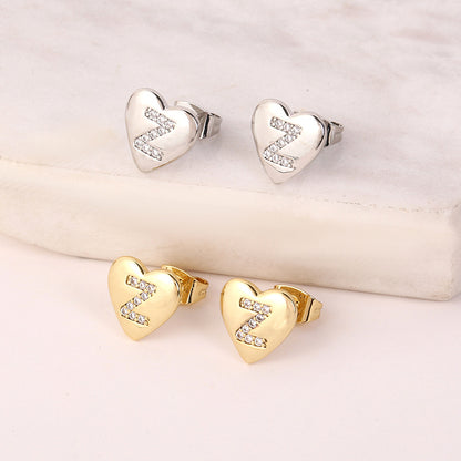 1 Pair Simple Style Letter Heart Shape Inlay Copper Rhinestones 18K Gold Plated White Gold Plated Ear Studs